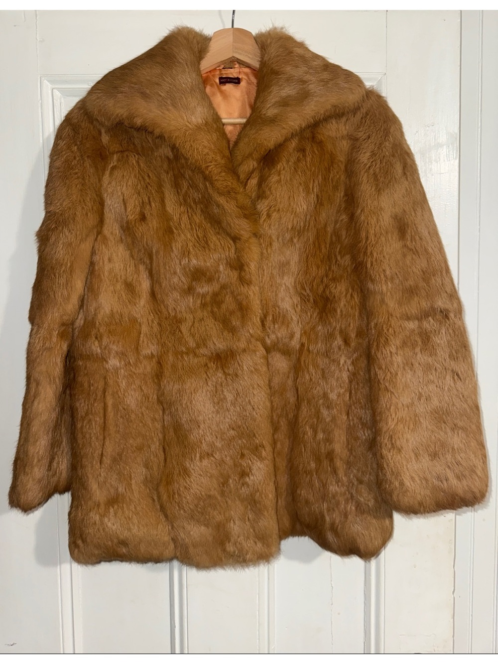 VTG 70s 80s Real Rabbit Fur Coat Honey Tan Peach Satin Lining Korea Size Small